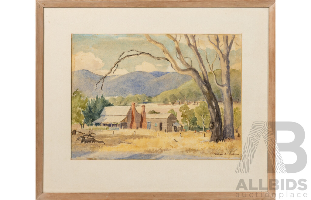 Florence A. Hotham, (20th Century, Australian, 1910-2006), The Farm, Gooram-Victoria, Original Vintage Watercolour, 43.5 x 52 cm (frame)