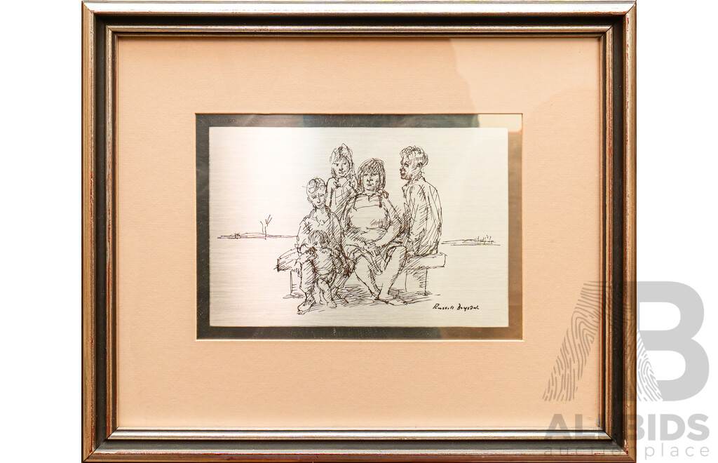 Sir Russell Drysdale (20th Century, Australian, 1912-1981), the Family, Limited Edition Etching in Solid Sterling Silver, 28 x 33 cm (frame)