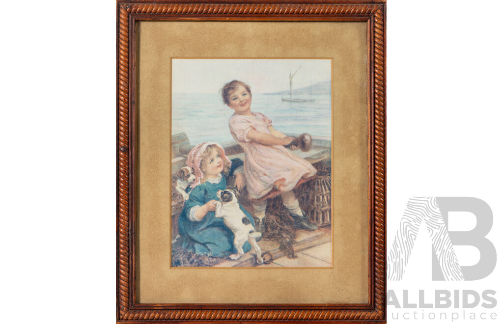 Frederick Morgan (19/20th Centuries, British, 1847-1927), Playtime - Two Girls with Puppies, Antique Colour Reproduction Print After Original Oil, 34 x 29 cm (frame)