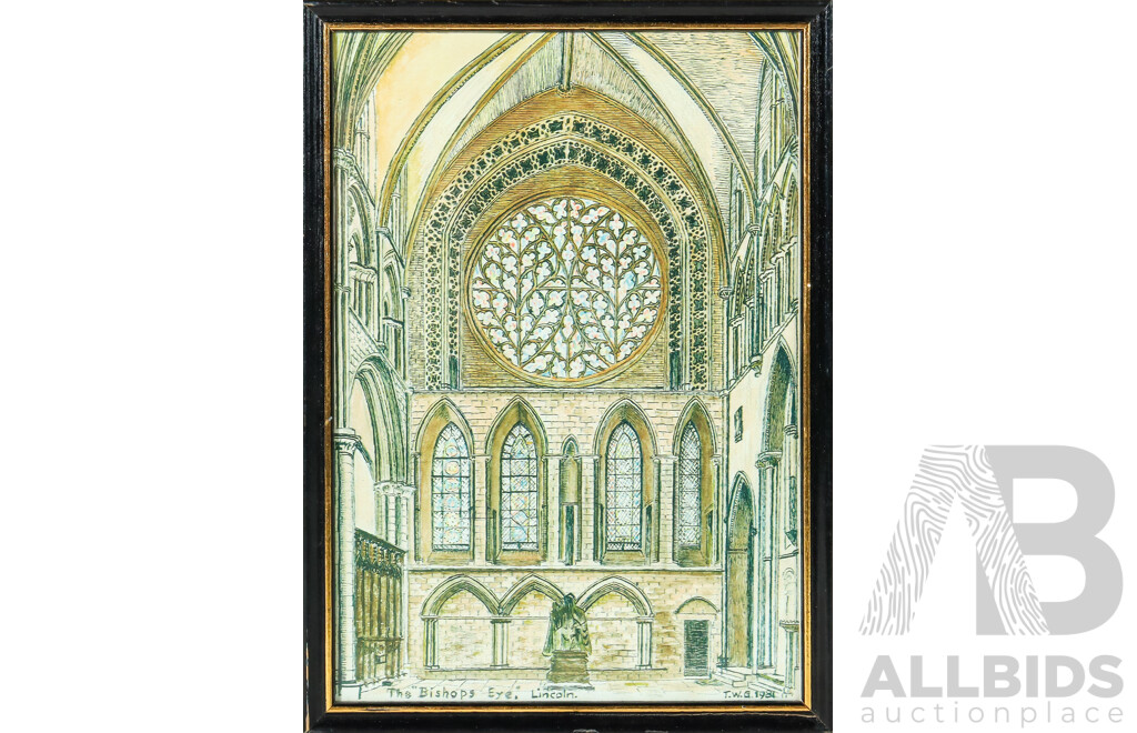 Bill Gould, (20th Century, British, Active c1950s), The Bishops Eye, Lincoln Cathedral, Quality Reproduction Print of Original Coloured Ink Drawing, 32 x 23 cm (frame)