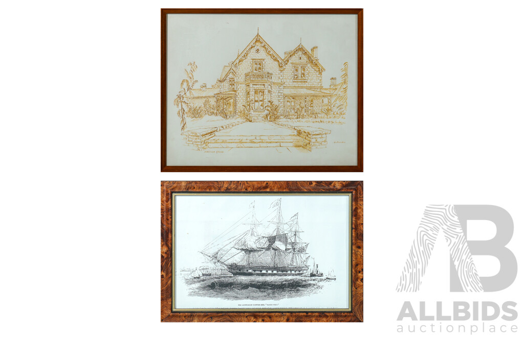 K.V Noorden, (20th Century, Australian), Duntroon House, Original Vintage Ink Drawing, 33 x 40 cm (frame) & the Australian Clipper Ship 'Marco Polo' Print Framed, 24 x 34 cm (frame) (2)