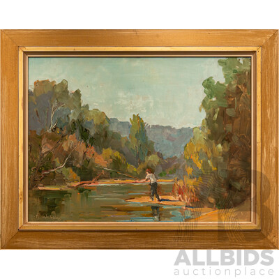 R. Webber (20th Century), Fishing, Original Vintage Oil on Masonite Board, 39 x 49 cm (frame)