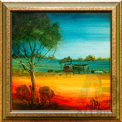 Pro Hart, (20th Century, Australian, 1928-2006), Outback Landscape (1981), Oil on Board, 37 x 37 cm (frame)