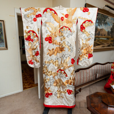 Absolutely Beautiful Vintage Wedding Japanese Fabric Kimono Featuring Gold, Bronze, Silver and Red Details with Flowers & Cranes, Rich Red Fabric Interior