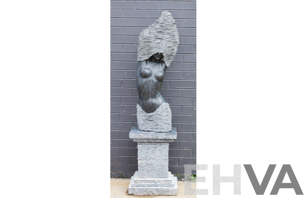 Stylized Female Stone Sculpture on Plinth Base
