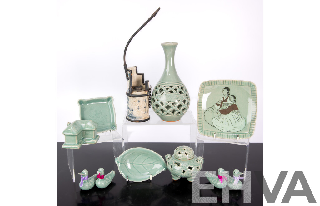 Collection Korean & Chinese Celadon Porcelain Including Antique Opium Pipe, Tripod Legged Lidded Censer, Pierced Vase with Fish Decoration and More