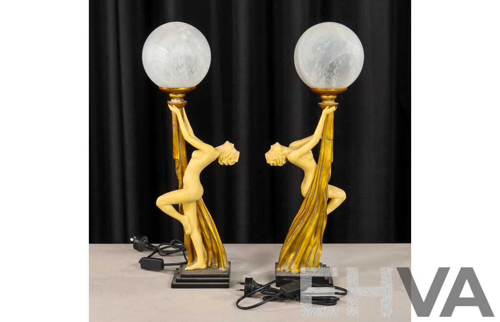 Pair of Composite Art Deco Style Lady Lamps