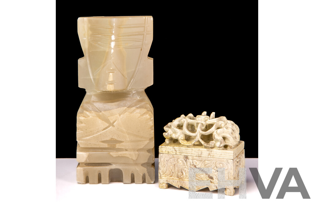 Small Carved Aztec Style Figure and Carved Trinket Box