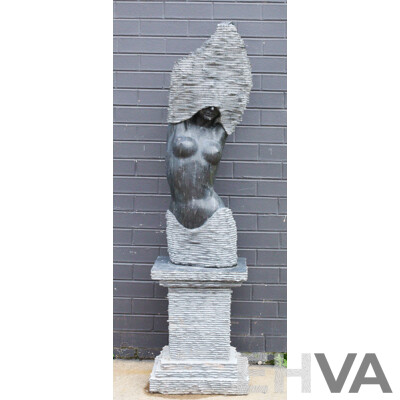 Stylized Female Stone Sculpture on Plinth Base