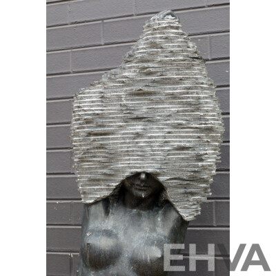 Stylized Female Stone Sculpture on Plinth Base