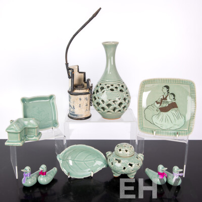 Collection Korean & Chinese Celadon Porcelain Including Tripod Legged Lidded Censer, Pierced Vase with Fish Decoration and More