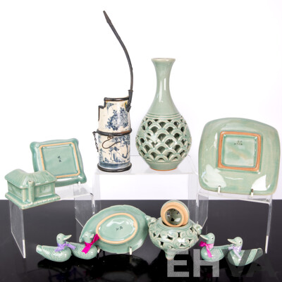 Collection Korean & Chinese Celadon Porcelain Including Antique Opium Pipe, Tripod Legged Lidded Censer, Pierced Vase with Fish Decoration and More