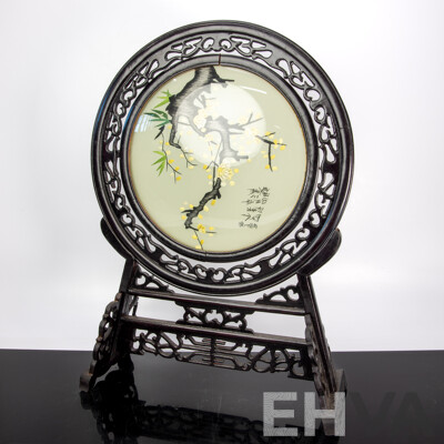 Vintage Chinese Silk Embroidery Glass Panel with Carved Wooden Stand in Presentation Box