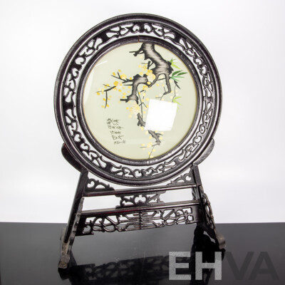 Vintage Chinese Silk Embroidery Glass Panel with Carved Wooden Stand in Presentation Box