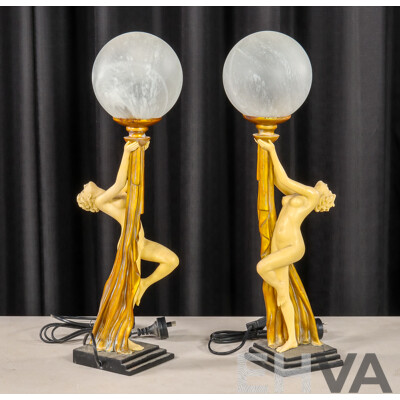 Pair of Composite Art Deco Style Lady Lamps