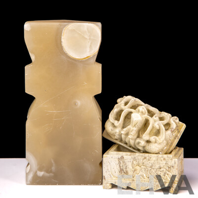 Small Carved Aztec Style Figure and Carved Trinket Box