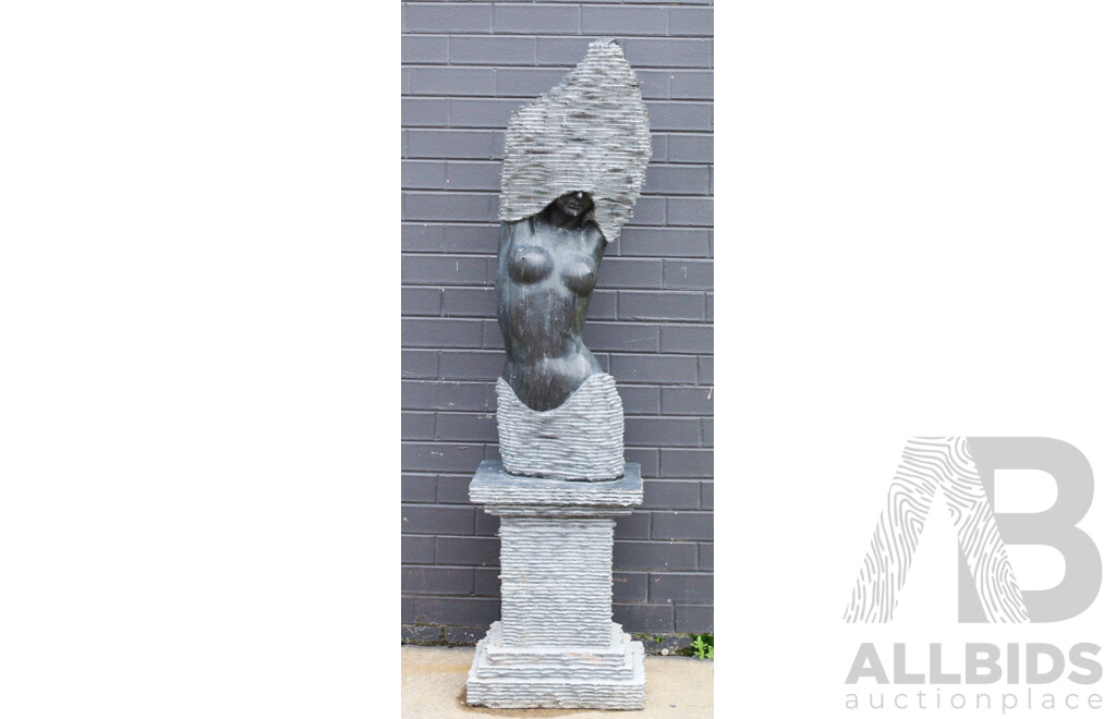 Stylized Female Stone Sculpture on Plinth Base