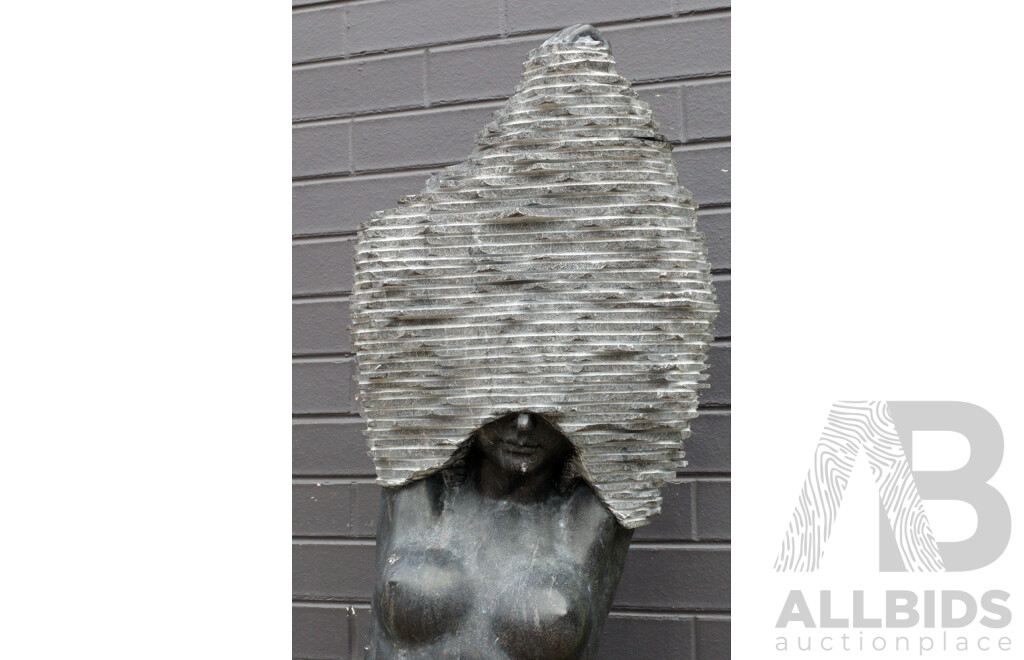 Stylized Female Stone Sculpture on Plinth Base