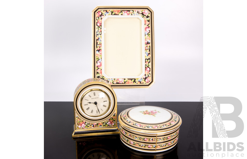Collection Three Pieces Wedgwood Porcelain in Clio Pattern Comprising Frame, Clock in Original Boxes and Lidded Dish