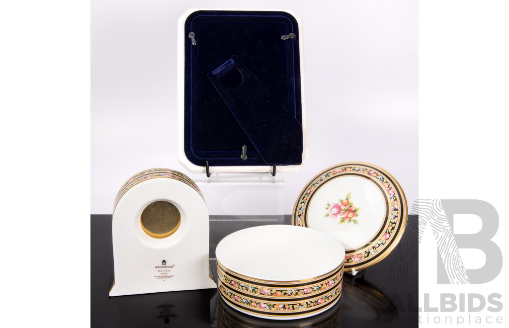 Collection Three Pieces Wedgwood Porcelain in Clio Pattern Comprising Frame, Clock in Original Boxes and Lidded Dish