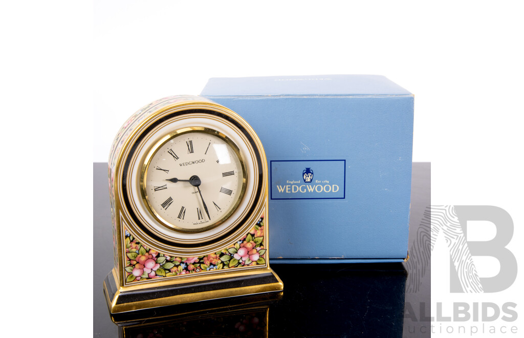 Collection Three Pieces Wedgwood Porcelain in Clio Pattern Comprising Frame, Clock in Original Boxes and Lidded Dish
