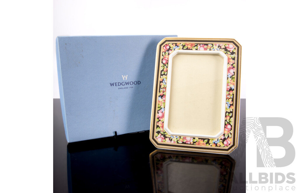 Collection Three Pieces Wedgwood Porcelain in Clio Pattern Comprising Frame, Clock in Original Boxes and Lidded Dish