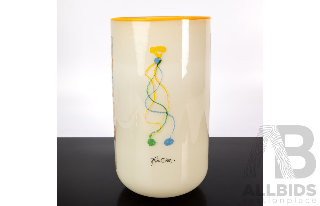 Limited Edition 45 of 200, National Gallery of Australia 2001 Glass Vase by Jonathon Baskett with John Olsen Print, Includes Certificate of Authenticity