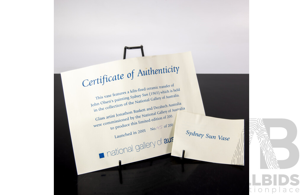 Limited Edition 45 of 200, National Gallery of Australia 2001 Glass Vase by Jonathon Baskett with John Olsen Print, Includes Certificate of Authenticity