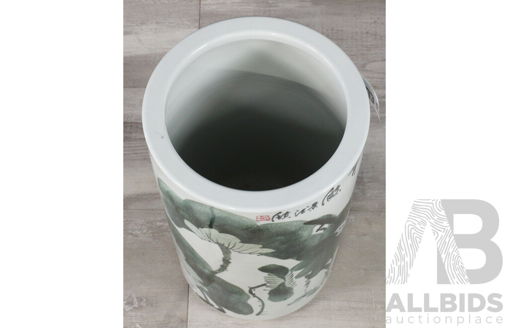 Large Chinese Ceramic Umbrella Stand with Koi Fish Decoration
