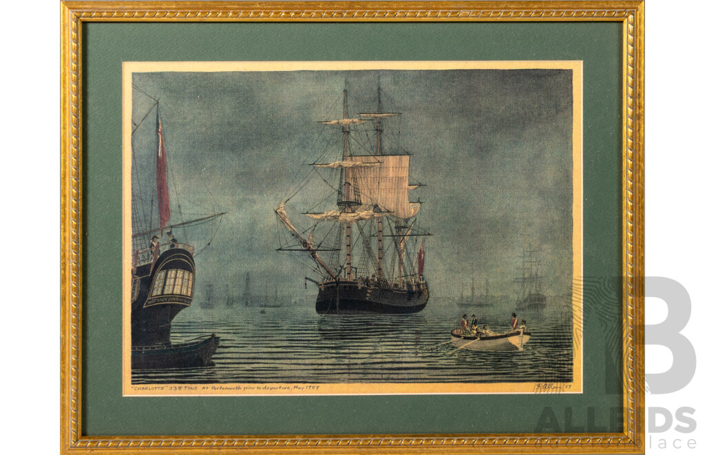 Frank Allen, (20th Century), Charlotte 335 Tons at Portsmouth Prior to Departure, May 1787, Quality Reproduction Print of Original, 37 x 47 cm (frame)