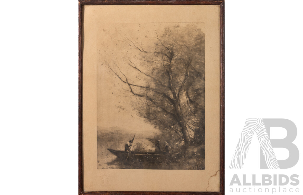 Camille Corot (19th Century, French, 1796-1875), the Ferryman, Antique 1915 Print of the Original Oil on Canvas (c1865), 47 x 35 cm (frame)