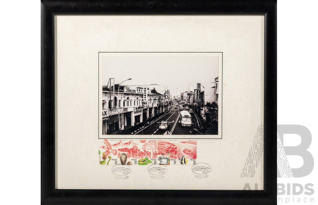 Artist Unknown (20th Century), Penang Road, Penang, Malaysia, Black & White Photograph, Alongside Series of Postage Stamps Commemorating the Millennium (31.12.1999-01.01.2000), 32 x 37 cm (frame)