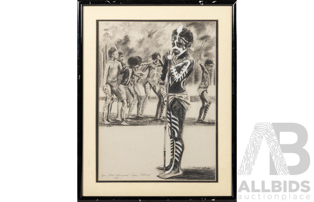 Renette Lodge (?), (20th Century, Australian, Working c1980s), Cape York Aboriginal Dance Festival (1989), Pair of Original White & Black Charcoal Sketches, 47 x 37 cm & 38 x 48 cm (frames) (2)
