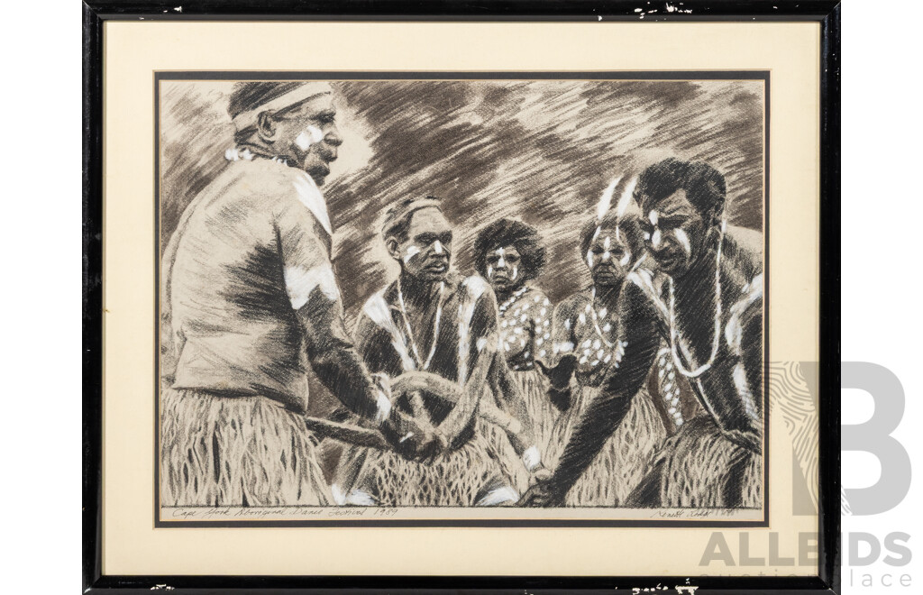 Renette Lodge (?), (20th Century, Australian, Working c1980s), Cape York Aboriginal Dance Festival (1989), Pair of Original White & Black Charcoal Sketches, 47 x 37 cm & 38 x 48 cm (frames) (2)