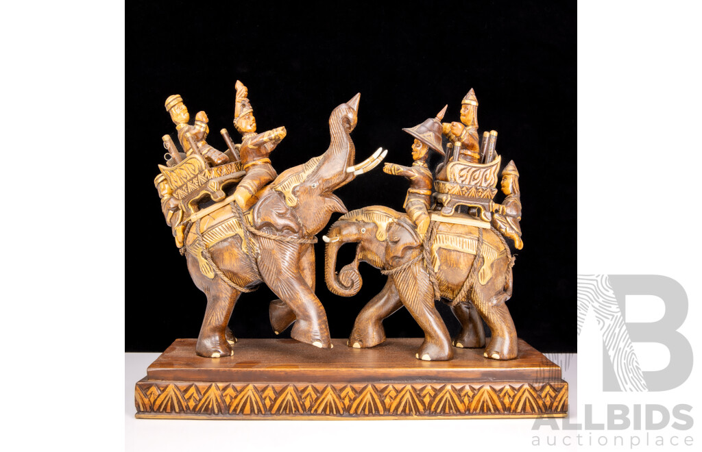 Carved Timber Thai Elephants on Stand