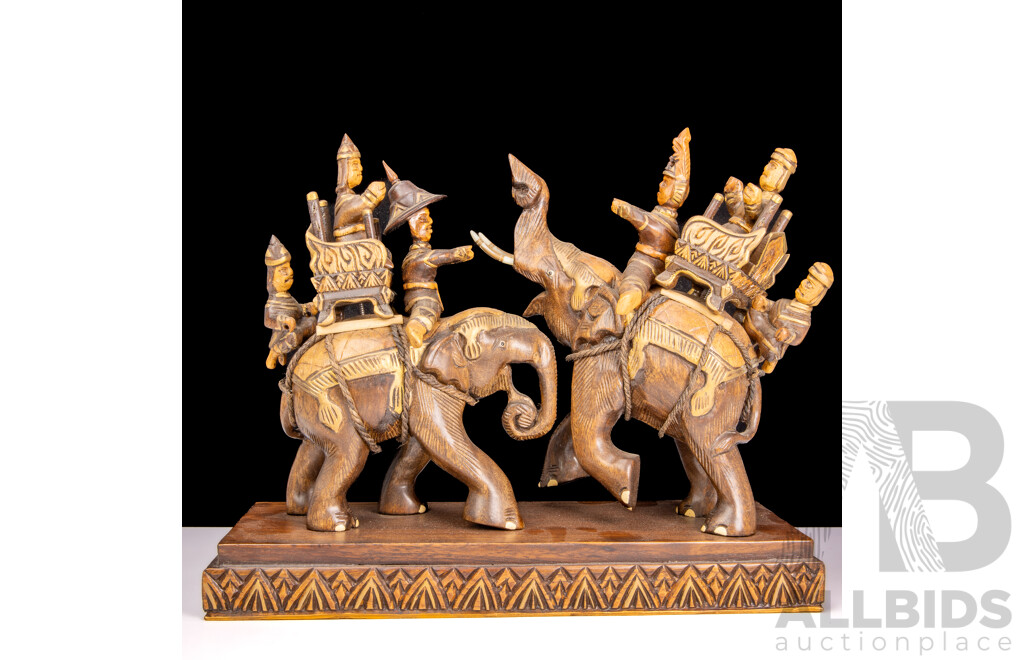 Carved Timber Thai Elephants on Stand