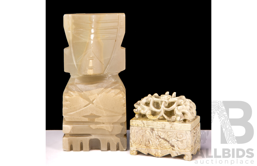 Small Carved Aztec Style Figure and Carved Trinket Box