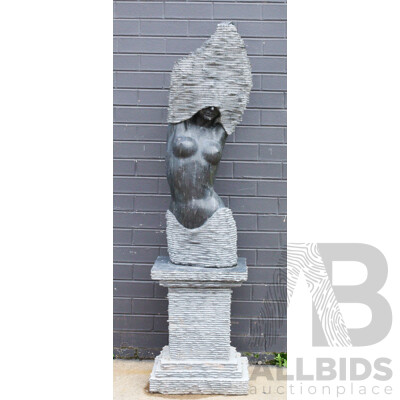 Stylized Female Stone Sculpture on Plinth Base