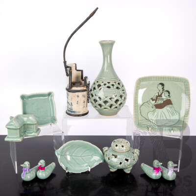 Collection Korean & Chinese Celadon Porcelain Including Tripod Legged Lidded Censer, Pierced Vase with Fish Decoration and More