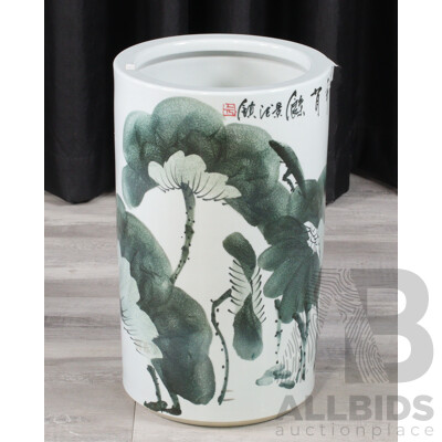 Large Chinese Ceramic Umbrella Stand with Koi Fish Decoration