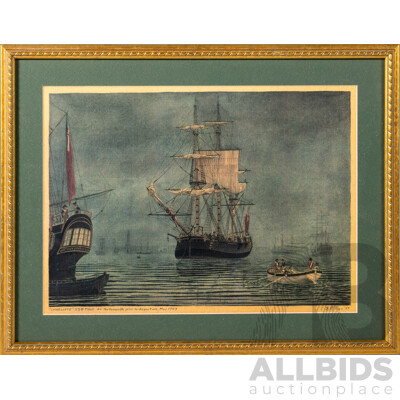 Frank Allen, (20th Century), Charlotte 335 Tons at Portsmouth Prior to Departure, May 1787, Quality Reproduction Print of Original, 37 x 47 cm (frame)