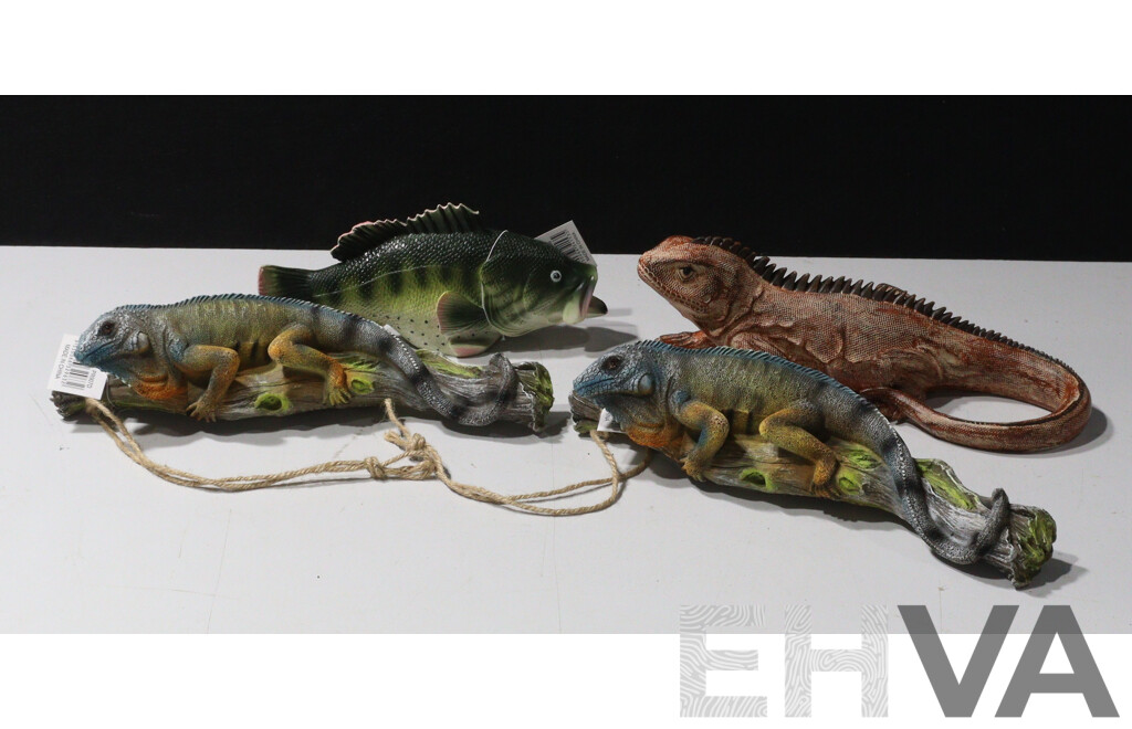 Collection of Three Composite Lizards and a Fish