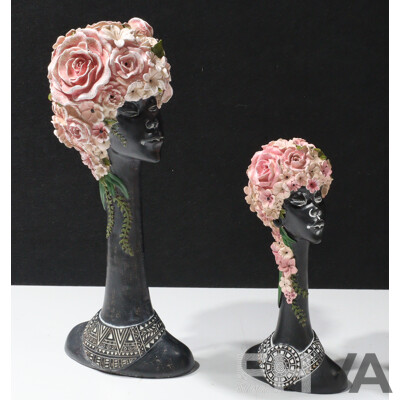 Pair of Decorative African Womas Heads Sculptures with Elaborate Floral Headpiece