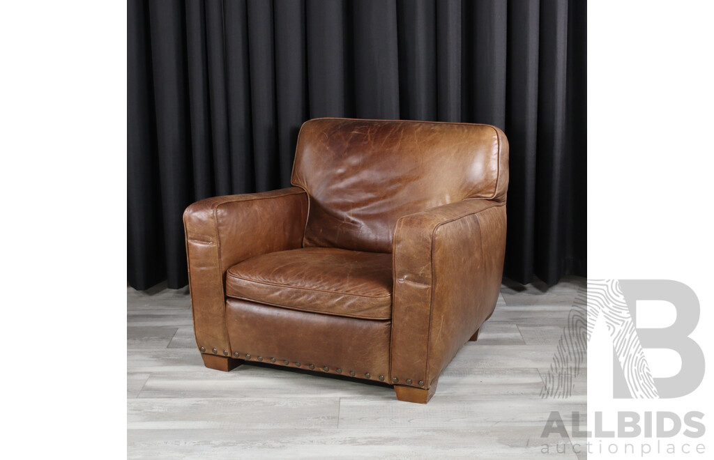 Tan Leather Club Chair With Studded Trim