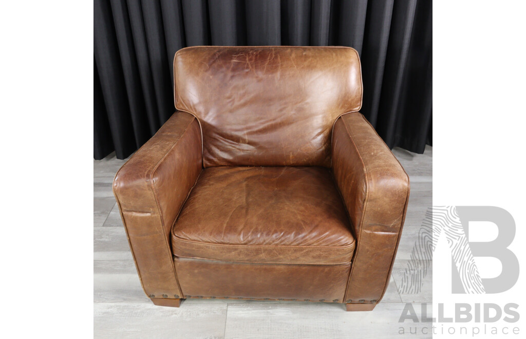 Tan Leather Club Chair With Studded Trim