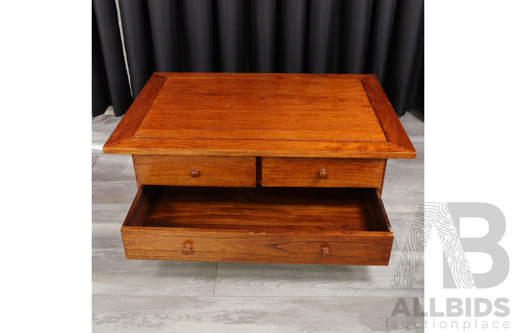 Timber Coffee Table with Three Drawers on Two-Way Sliders