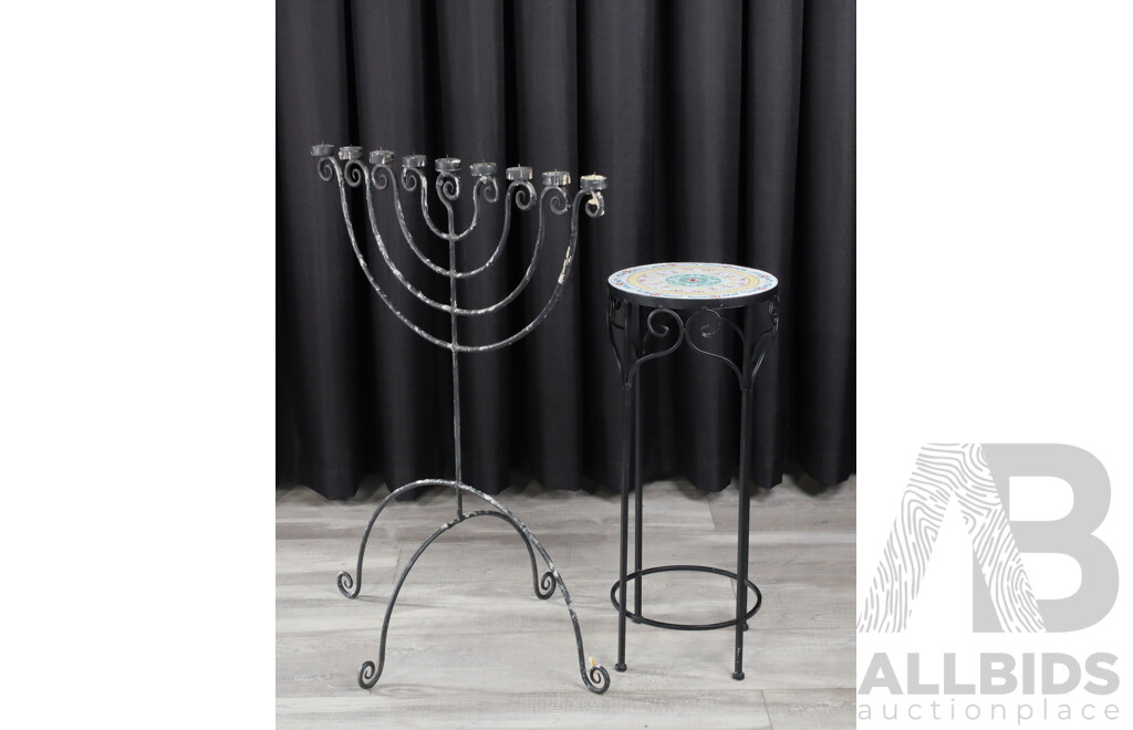 Metal Nine Arm Candelabra and Side Table with Mosaic Style Top