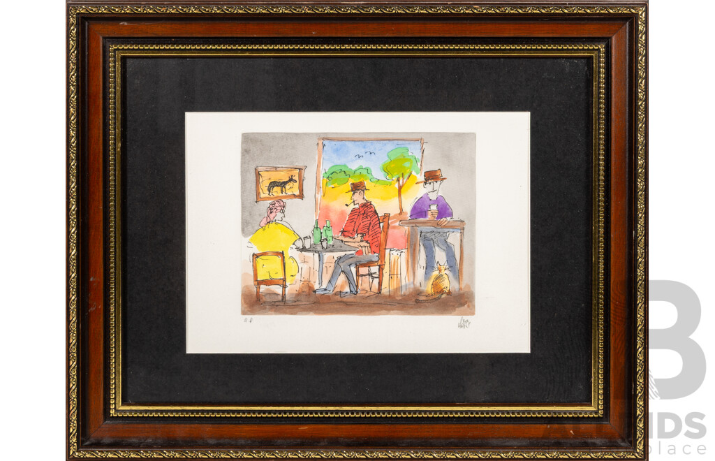 Pro Hart, (20th Century, Australian, 1928-2006), the Front Bar of the Pub, Hand Coloured Etching, 39.5 x 50 cm (frame)