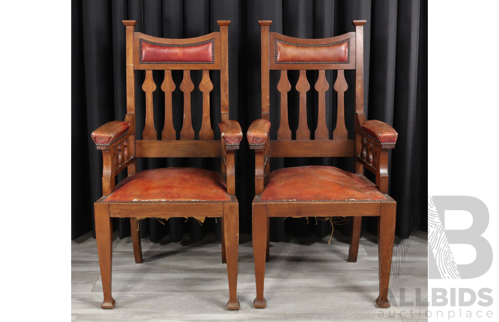 Pair Large Reproduction Oak Arm Chairs