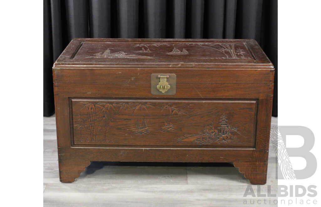 Reproduction Mid Century Style Carved Chinese Camphor Wood Chest